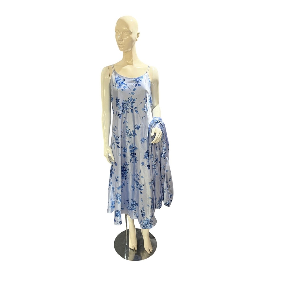 Oscar de la Renta Pink Label Blue Floral Satin Nightgown & Robe Set Large Y2K